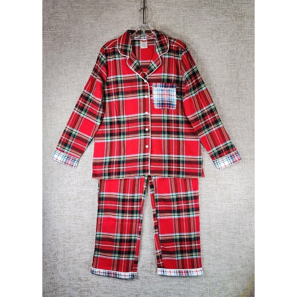 Lands End‎ 2pc Flannel Pajama Set Womens M Red Plaid Top & Bottoms NWOT